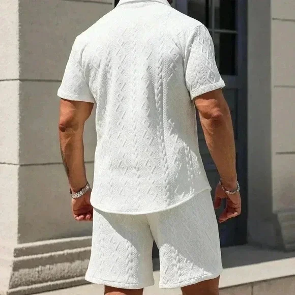 White Casual Men's Summer Solid Textured Shirt And Shorts Set
